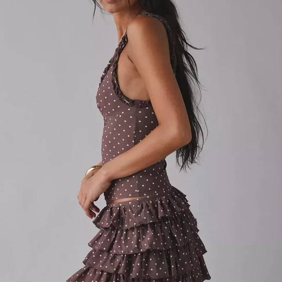 Urban Outfitters Out From Under Cammy Ruffle Trim Brown Polka Dot Micro Skort - Picture 2 of 5